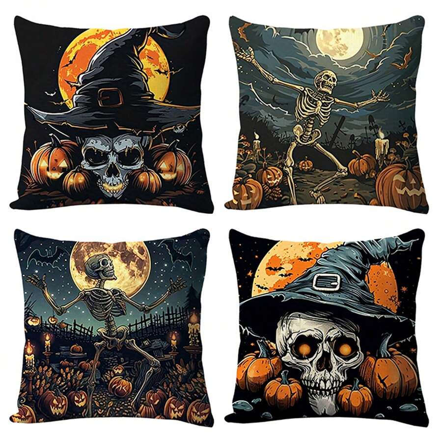4pcs Halloween Pillowcase Home Sofa Cushion Square Ghost Party Decoration Pillowcase Single Sided No Pillow Core - Black - View 1