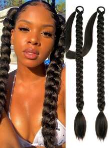 2 Pcs Long Black-Brown Braided Ponytail Extension With Hair Tie Straight Wrap Around Hair Extensions Ponytail Natural Soft Synthetic Hair Piece For Women Daily Wear 26inch 30inch 34 Inch