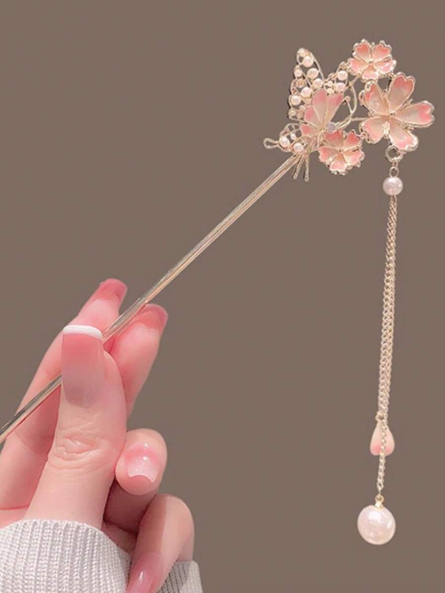 1件優雅櫻花髮夾，時尚中式風格流蘇髮飾，髮髻延伸髮造型針，女性頭飾髮飾