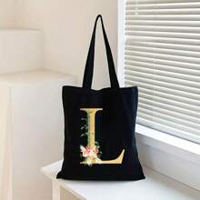 Sacola de Lona Preta Personalizada com Estampa Floral Dourada de Letra A-Z, Sacola de Compras da Moda, Bolsa de Uso Diário, Presente de Aniversário para Mulheres, Presente para Namorada, Lembrança Personalizada de Dama de Honra