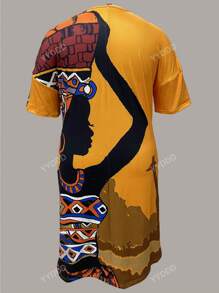 Plus Size Stylish Printed V-Neck Vacation Style Dress With Pockets, For Summer