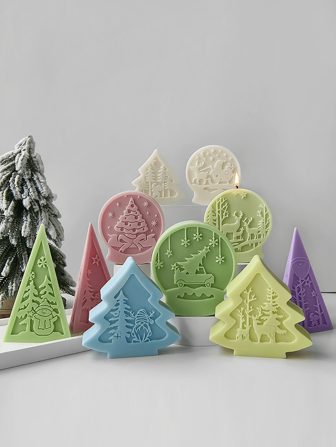 Juego de moldes de silicona para velas con diseños navideños de bola de cristal, árbol de Navidad y torre navideña - Diseños de árbol de Navidad, muñeco de nieve y reno