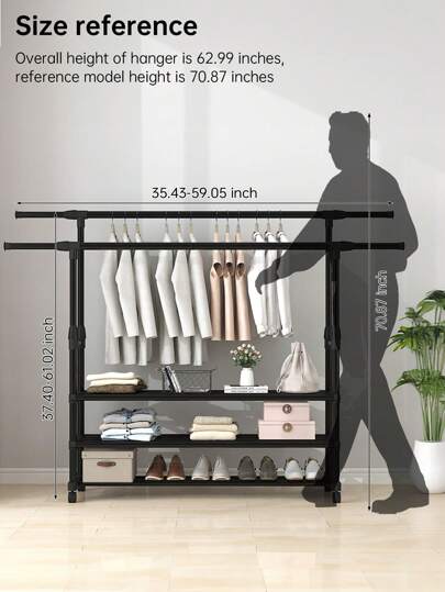 Double Rod Portable Clothes Hanger For Hanging Clothes, Space Saving Hanger, Freestanding Clothes Hanger With Bottom Shelf And Mobile Pulleys For Easy Movement, Heavy Duty Clothes Hanger For Bedroom