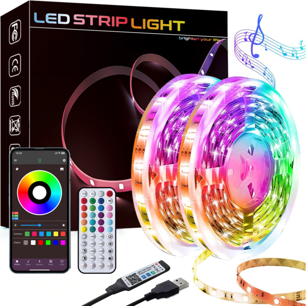 3ft-100ft Led Strip Lights With Music Sync Color Change, With App And 44 Key Remote Control, Timing Settings, Brightness Adjustment, Easy To Install, Led Lights Suitable For Bedroom, Room, Living Room, Home Decor, Halloween Party Party Atmosphere Decoration, Christmas Decor(Requires 2 Batteries AAA Battery)