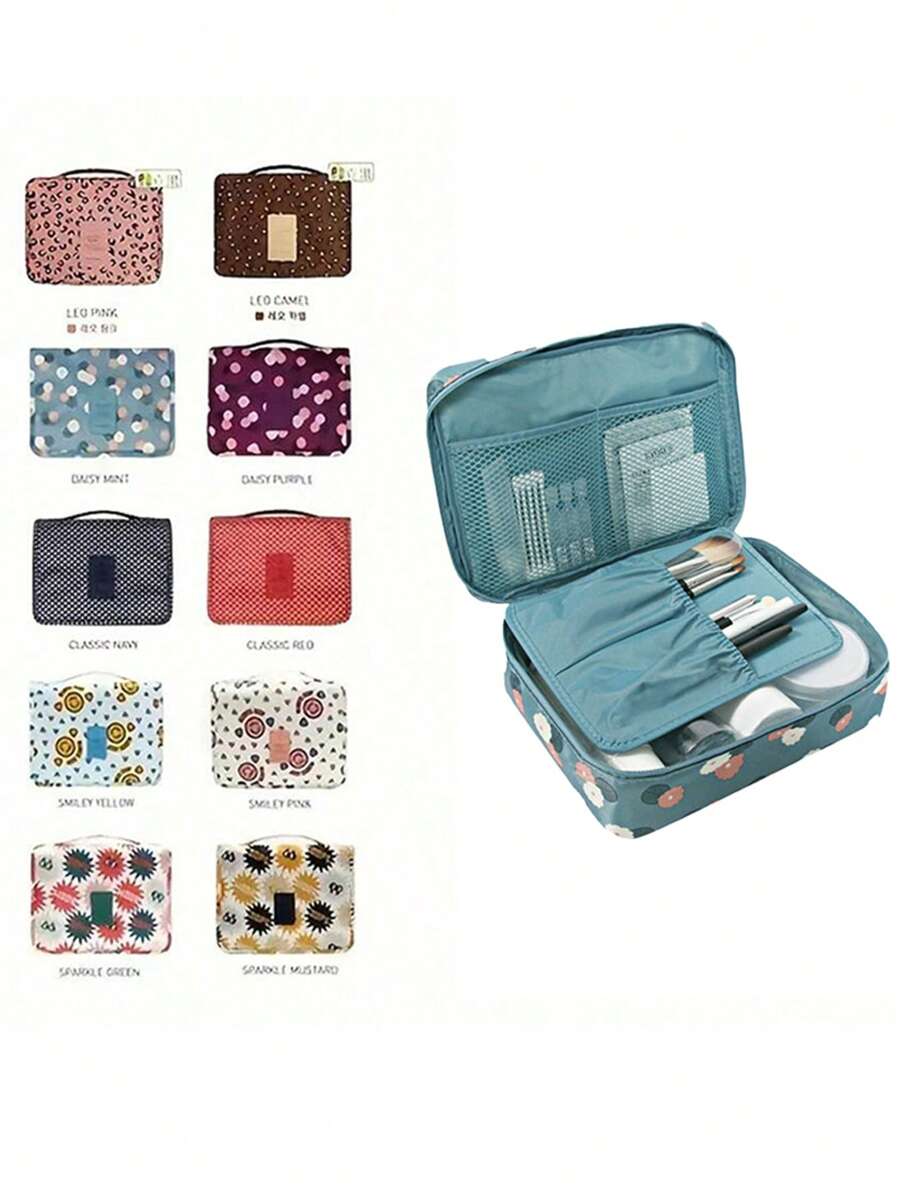 1 件旅行化妆包，蓝色火烈鸟，白色仙人掌，粉色豹纹，大容量便携式化妆包，多层收纳手提包，多功能防水洗漱用品收纳袋 - 彩色 - 查看 1