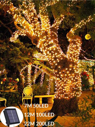 1pc 7/12/22m Solar Powered LED String Lights, 200/100/50 LED Beads Outdoor Solar Fairy Lights, 8 Flashing Modes, Suitable For Wedding Decor, Birthday Party, Camping Tent, Halloween, Outdoor Decor, Garden, Patio, Christmas Tree