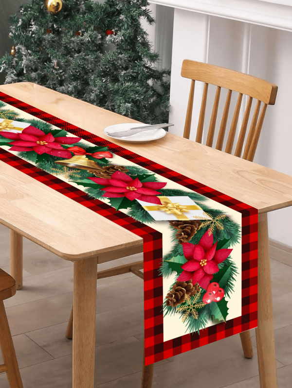 1pc Christmas Theme Table Runner, Red Floral & Gift Box Design, Polyester Material, 35x180cm, Suitable For Christmas Party, Family Gathering, Home Tabletop Decoration