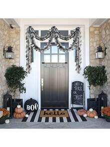 1PC Halloween Black And White Metal Wire Garland Ornaments Bat Style Gray And White Metal Wire Garland Decoration Halloween Home Decorations Suitable For Fireplaces, Galleries, Support Pillars, Doors, Windows And Stairs Halloween Theme Party Background Decoration