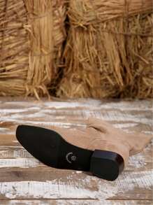 Vintage French Chunky Heel Pointed Toe Mid-Calf Boots Women 2024 New Slim Wrinkled Shaft Riding Boots - Apricot - View 6