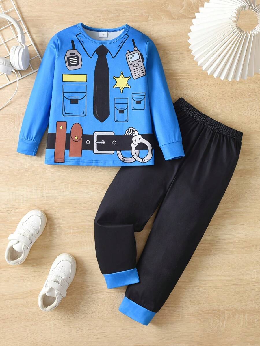 男童 2 件套 2024 圆领警察图案印花休闲睡衣套装，儿童家居服 - 藍色 - 查看 1