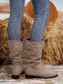 Vintage French Chunky Heel Pointed Toe Mid-Calf Boots Women 2024 New Slim Wrinkled Shaft Riding Boots - Apricot - View 8