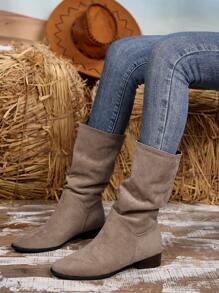 Vintage French Chunky Heel Pointed Toe Mid-Calf Boots Women 2024 New Slim Wrinkled Shaft Riding Boots - Apricot - View 2