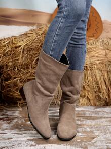 Vintage French Chunky Heel Pointed Toe Mid-Calf Boots Women 2024 New Slim Wrinkled Shaft Riding Boots - Apricot - View 7