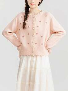 JIANHU Lace Edge Gentle Style Flower Embroidery Cardigan - Pink - View 3