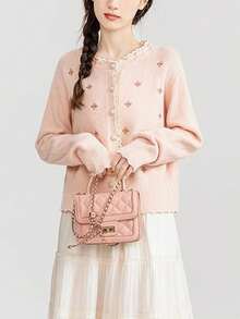 JIANHU Lace Edge Gentle Style Flower Embroidery Cardigan - Pink - View 4