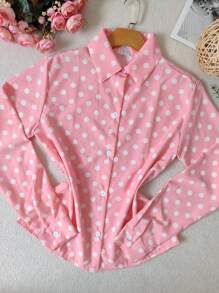 Women's Polka Dot Dress Shirt Long Sleeve Crepe Fabric - Hồng - Xem 3