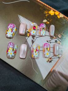 10 szt. ręcznie robionych kwadratowych, kwiatowych, krótkich tipsów do noszenia, najwyższej jakości, modne i eleganckie akcesoria do zdobienia paznokci na imprezy, święta i do codziennego noszenia, dociskane paznokcie, artykuły do paznokci