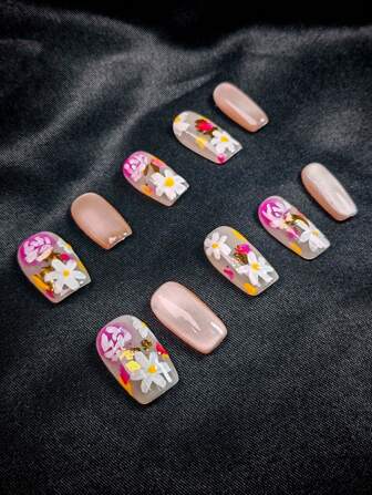 10Pcs Handmade Square Floral Printed Short Wear-On Nail Tips, Premium Quality, Fashionable Chic Nail Art Accessories For Party, Holiday, Daily Wear Press On Nails Nail Supplies Nails