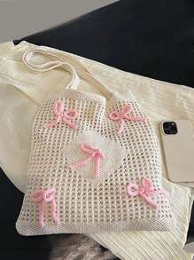 Tropiscape Y2k Bag Baby Pink Bows Pattern Knitted Handbag Foldable Hollow Out Design Crochet Bag Medium Vacation Beige Beach Travel Bag Large Capacity Knitted Hobo Handbag Winter Gifts - Beige - View 8