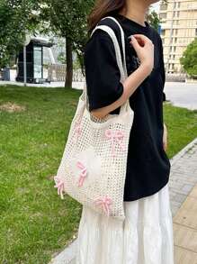 Tropiscape Y2k Bag Baby Pink Bows Pattern Knitted Handbag Foldable Hollow Out Design Crochet Bag Medium Vacation Beige Beach Travel Bag Large Capacity Knitted Hobo Handbag Winter Gifts - Beige - View 6