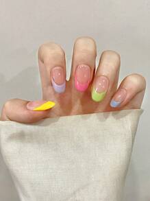 10Pcs/Set Handmade Press-On Short Nails, Summer Beach Manicure Short Square/Oval/Cat Eye French Tips, Reusable For Women, Girls, Teachers, Students, Office, Travel, Elegant Business Casual Nail Supplies Nails - Multicolor - View 5