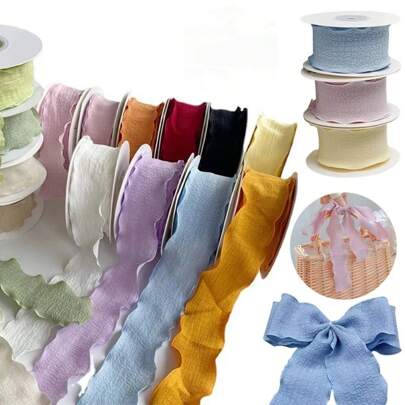1 Roll 4cm X 10yards Fishbone Chiffon Satin Ribbon Ruffle Edge Crepe Satin Ribbon Gift Packing Material Wedding Birthday Party Flower DIY Decor,Christmas Valentine Day