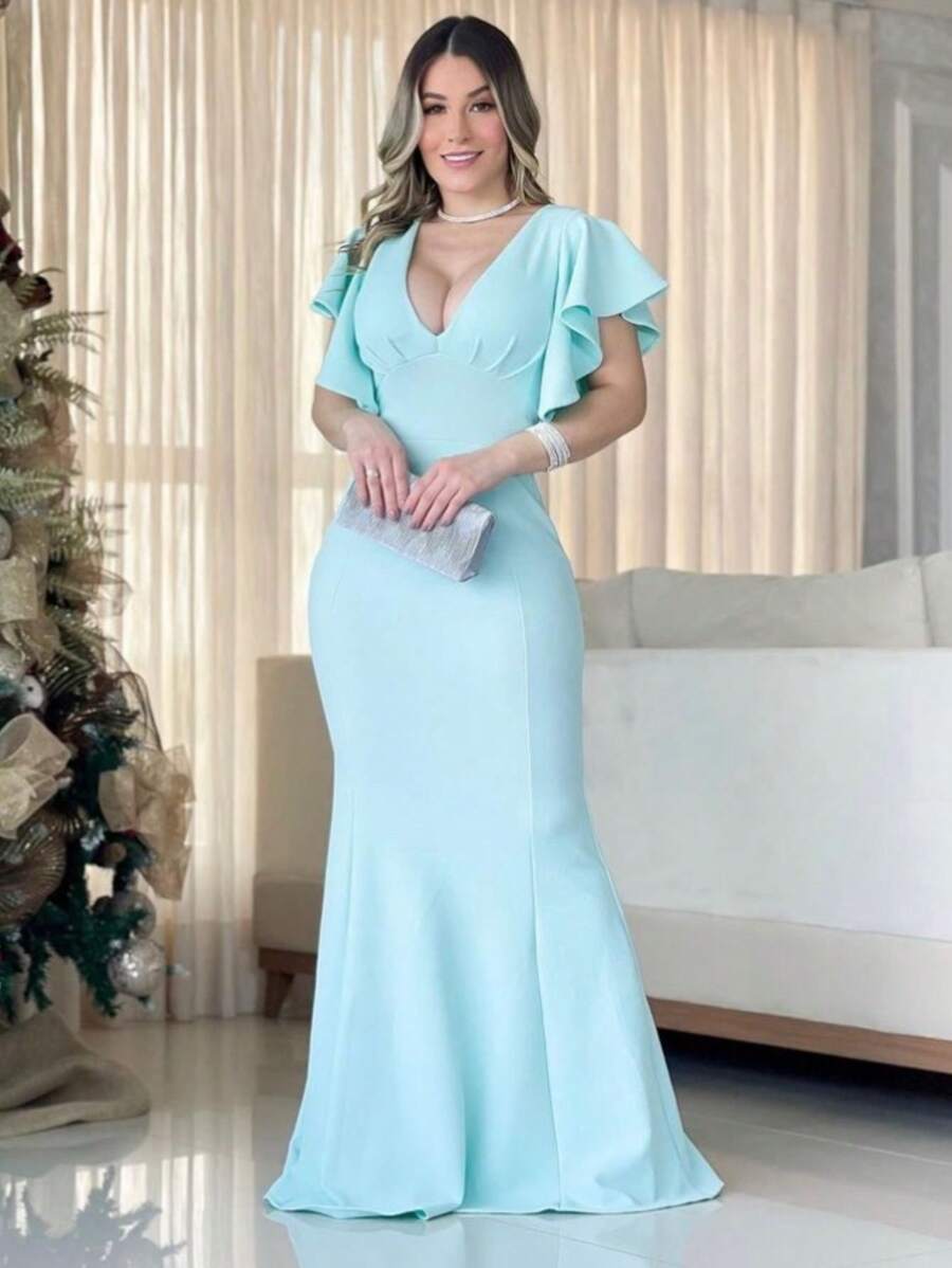 Women's Dress Long Sleeve Ruffles V Neck Solid Color Formal Fashion Prom - 淺藍色 - 查看 1