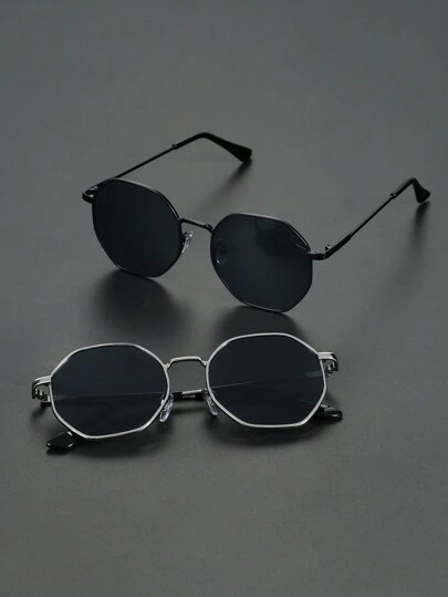 两副男士几何铜色时尚眼镜，适合街头摄影、音乐节、驾驶、露营、海滩、夏季海滩度假、户外活动和旅行。