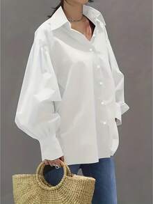Casual Lantern Sleeve Shirt With Turn-Down Collar - White - View 4