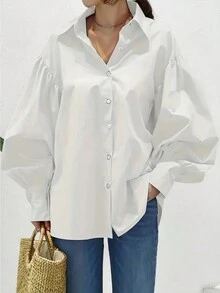 Casual Lantern Sleeve Shirt With Turn-Down Collar - White - View 5