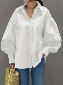 Casual Lantern Sleeve Shirt With Turn-Down Collar - White - View 2