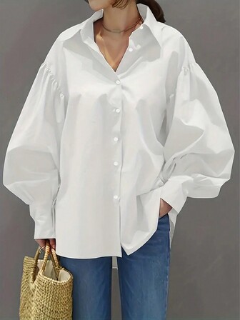 Casual Lantern Sleeve Shirt With Turn-Down Collar