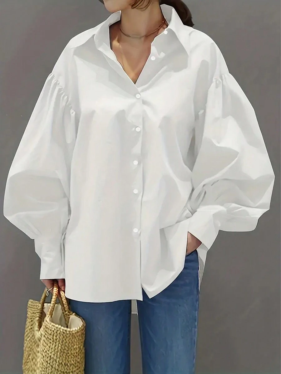 Casual Lantern Sleeve Shirt With Turn-Down Collar