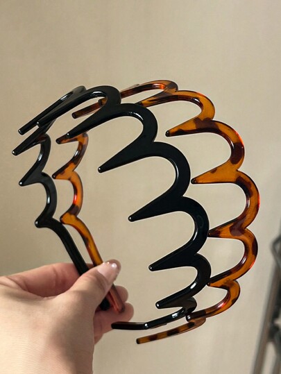 2pcs Women's Glossy Solid Color Toothed Headbands In Black And Amber, Minimalist Design, Versatile For Daily, Casual, Party, Commuting, Vacation, Makeup And Outfit Matching,Hairband,Hair Hoop, Zig Zag Headband ,Animal Print