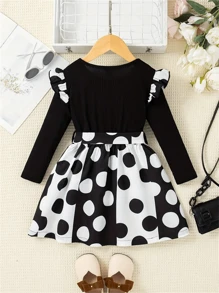 Young Girl Long Sleeve Polka Dot Belted Party Dress, Autumn/Winter