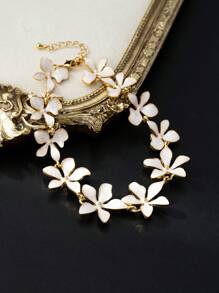 1 pieza Tobillera de aleación plateada en 18K con esmalte y flor en 3D, joyería de pie elegante con vibra de pintura al óleo vintage para mujer