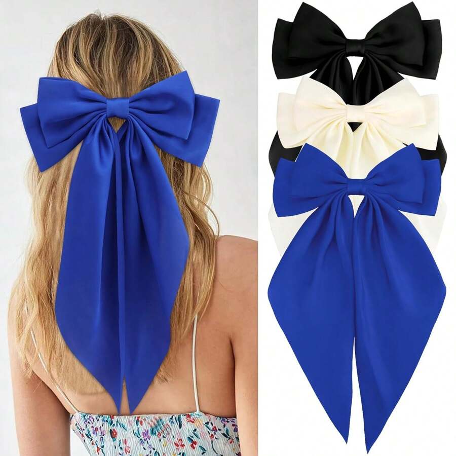 3 Pieces Of Women's Hair Bow Silky Satin Hair Clip Oversized Long Tail Hair Bow Cute Aesthetic Coquettish Hair Accessories Preppy Gift Fashion Stuff Valentine's Day Valentines Claw Clips Hair Claws Hair Barrettes - Multicolor - View 1
