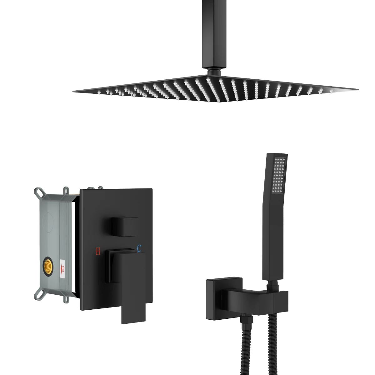 Dual Shower Head 16 Inch Ceiling Mount Square Shower System With RoughIn Valve, Matte Black
