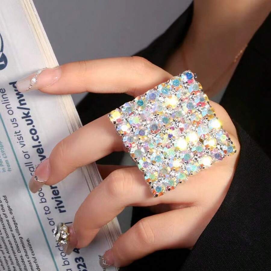 LuxstyWear Shiny Crystal Exaggerated Square Rings Finger Jewelry Adjustable Large Geometric Rhinestone Open Rings Hand Decoration Dance Gift