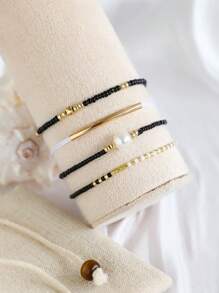 4 Vòng Tay CCB Hạt Gạo & Ngọc Trai Giả Đàn Hồi, Phụ Kiện Ống Cong Phong Cách Đi Biển Đơn Giản & Thời Trang Dành Cho Nữ (Hạt Cơm Hỗn Hợp, Phân Loại Ngẫu Nhiên) - màu đen - Xem 5