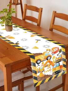 1pc 35*180cm Polyester Construction Vehicle Pattern Table Runner/Cloth/Cover, Perfect Decoration For Construction Vehicle Themed Home, Holiday, Birthday Party, Christmas - Multicolor - View 7