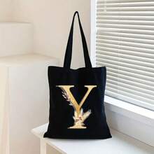 Sacola de Lona Preta Personalizada com Estampa Floral Dourada de Letra A-Z, Sacola de Compras da Moda, Bolsa de Uso Diário, Presente de Aniversário para Mulheres, Presente para Namorada, Lembrança Personalizada de Dama de Honra