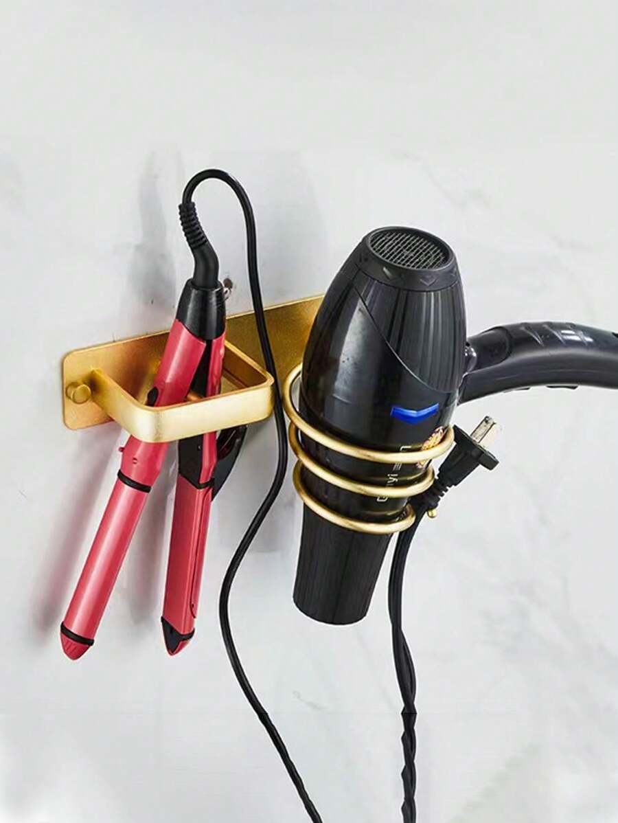 1 chiếc kệ đựng máy sấy tóc bằng hợp kim nhôm, giá để máy sấy tóc trong phòng tắm, phụ kiện phòng tắm, phụ kiện trang trí phòng tắm. - Vàng - Xem 1