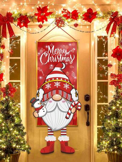 1pc Christmas Theme Hanging Flag, Santa Claus Holding Bell & Gift Bag, For Christmas Holiday Door Frame, Garden, Living Room Decor, Made Of Polyester Material,Christmas