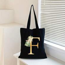 Sacola de Lona Preta Personalizada com Estampa Floral Dourada de Letra A-Z, Sacola de Compras da Moda, Bolsa de Uso Diário, Presente de Aniversário para Mulheres, Presente para Namorada, Lembrança Personalizada de Dama de Honra