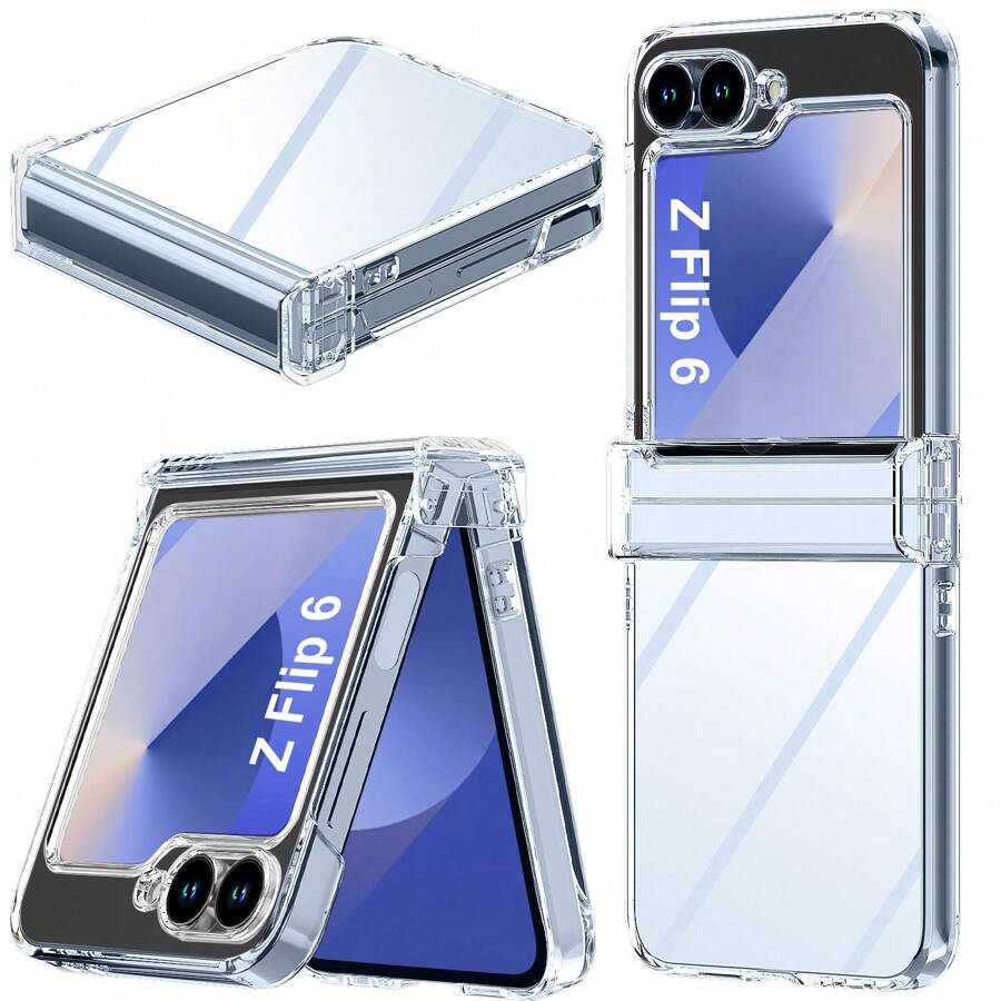 1Pc Glitter Phone Case With Hinge Protection Shockproof Rugged Sparkle Bling Cute Protective Cover Compatibility With Samsung Galaxy Z Flip 6 2024 - Clear - View 1