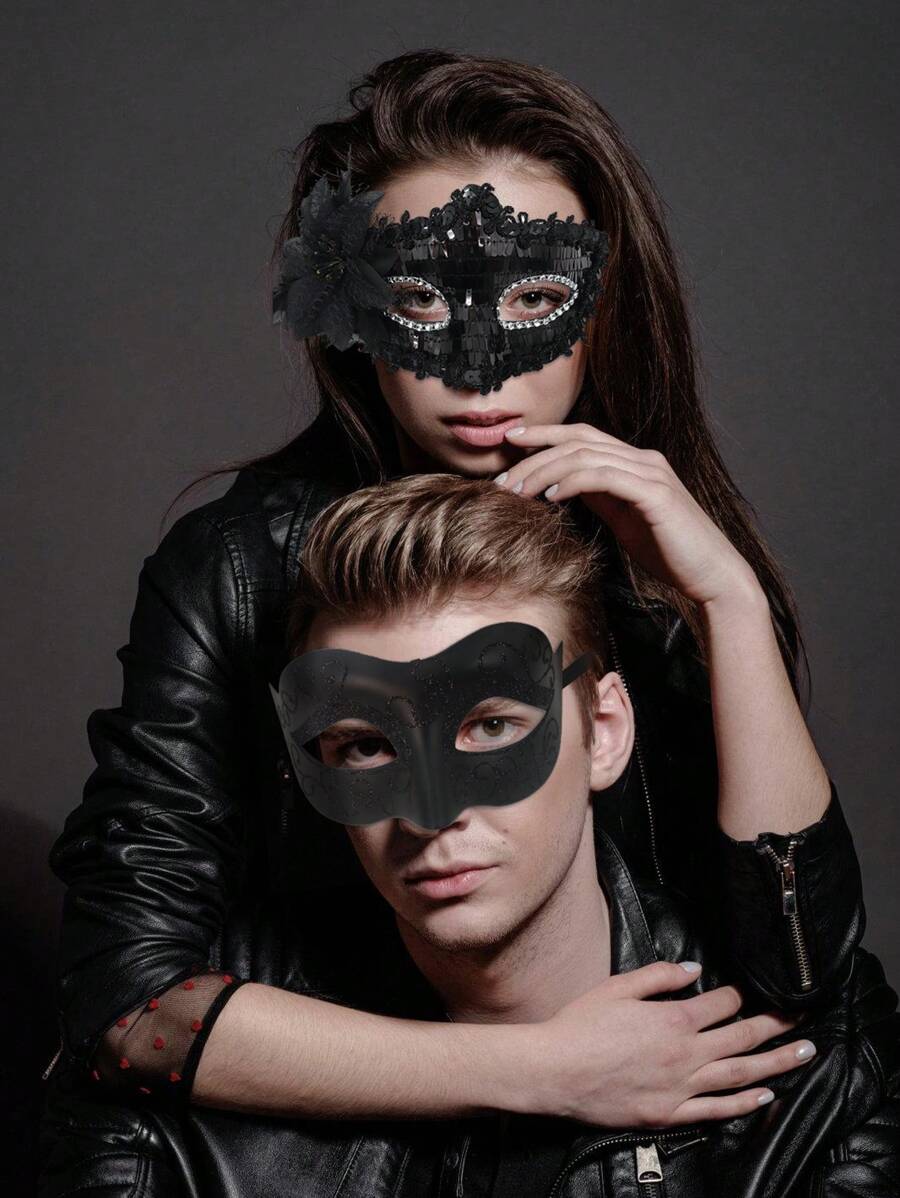 Mặt nạ bóng hóa trang dành cho các cặp đôi, Mặt nạ hóa trang Halloween kiểu Venice, Mặt nạ hình cầu trang trí lông mi dành cho người lớn - màu đen - Xem 1