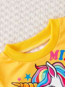 2pcs Baby Girls' Unicorn Print Crew Neck Sweatshirt And Pants Set - Yellow - View 3