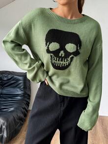 Maglione da donna per autunno/inverno, nuovo maglione casual alla moda in stile Y2K con teschio jacquard carino, girocollo a maniche lunghe, adatto per uso quotidiano, pendolarismo, feste, Ognissanti, Natale, Ringraziamento, fotografia di strada - Multicolore - Visualizzare 6