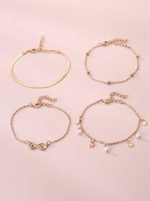 4pcs/Set Girls' Pearl Flower Circle Bracelet Set, Handmade Beaded Chain Asymmetrical Pieces - Gold - View 6